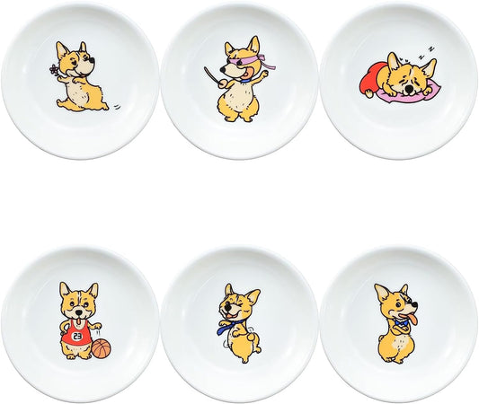6 - Piece 3.5 - Inch Ceramic Dipping Bowls: Lively Corgi - Themed Tableware