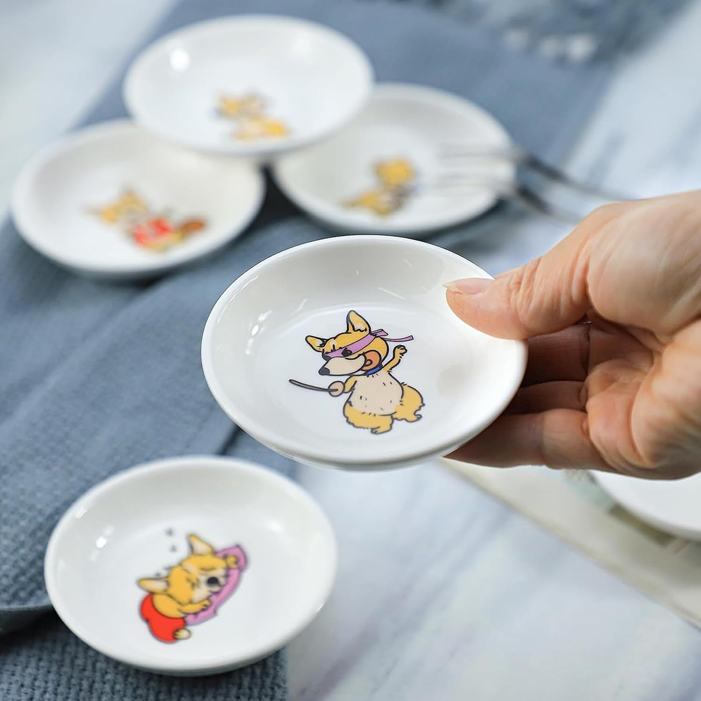 6 - Piece 3.5 - Inch Ceramic Dipping Bowls: Lively Corgi - Themed Tableware