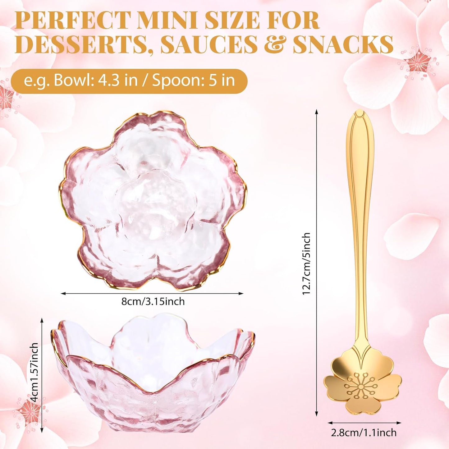 8-Piece Pink Petal Glass Bowl & Spoon Set ā Mini Dessert Bowls, Elegant Tableware for Snacks, Sauces & Ice Cream