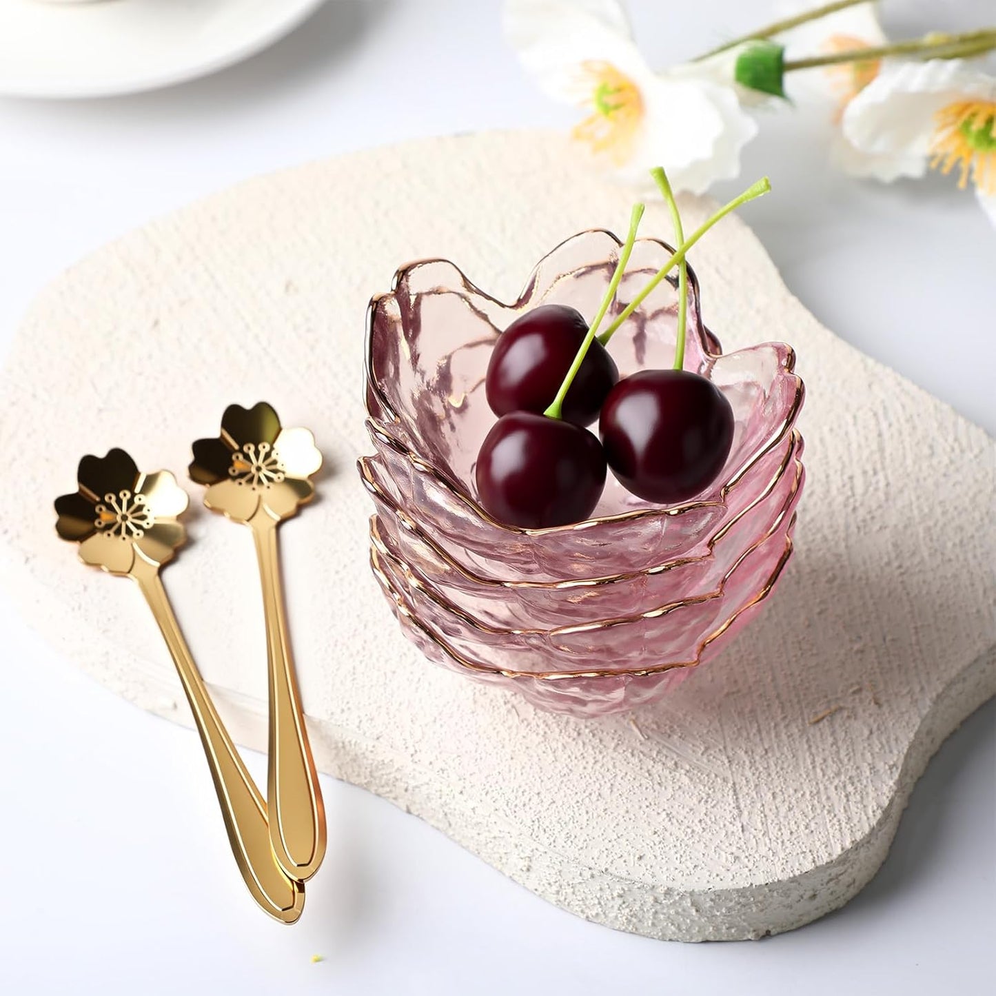 8-Piece Pink Petal Glass Bowl & Spoon Set ā Mini Dessert Bowls, Elegant Tableware for Snacks, Sauces & Ice Cream