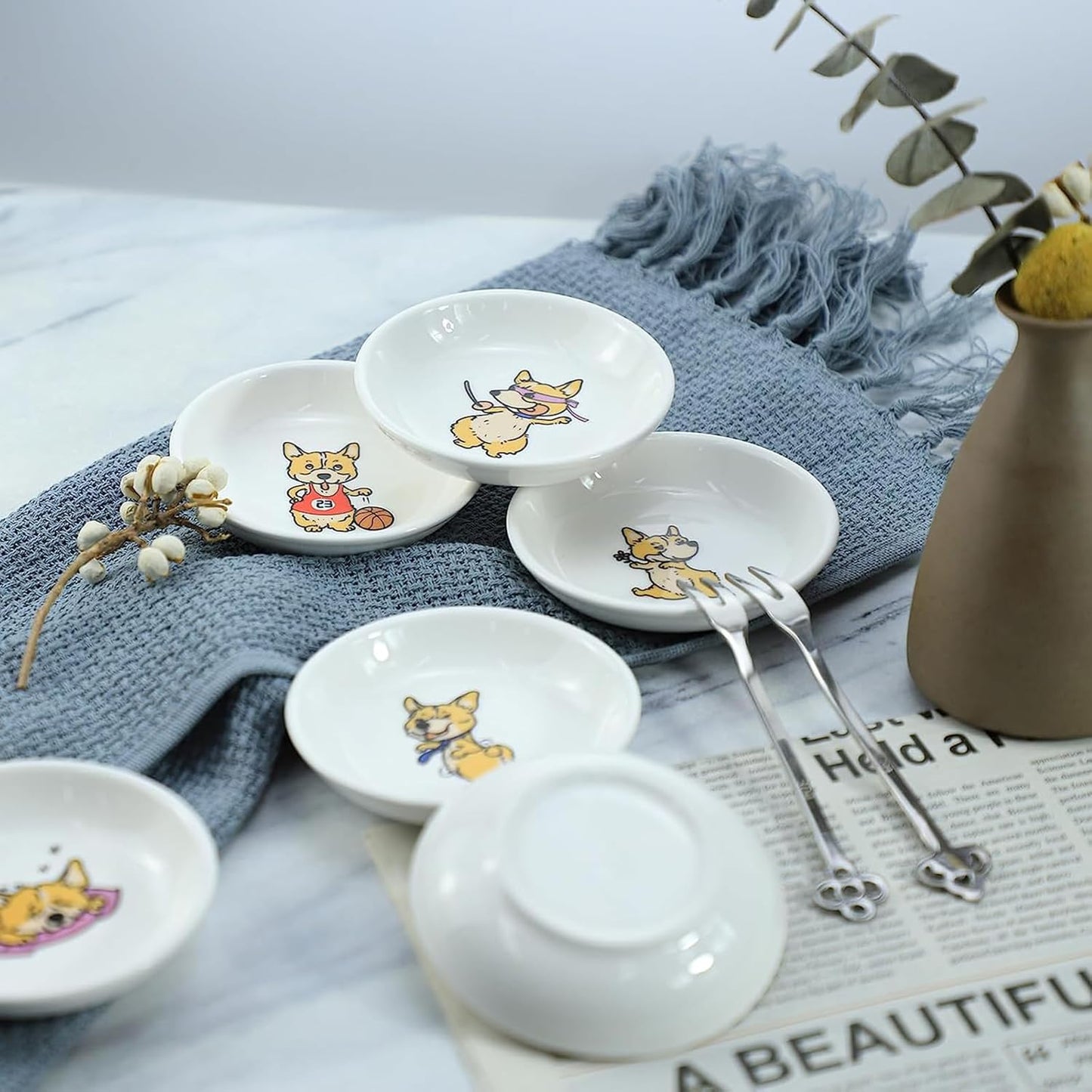 6 - Piece 3.5 - Inch Ceramic Dipping Bowls: Lively Corgi - Themed Tableware