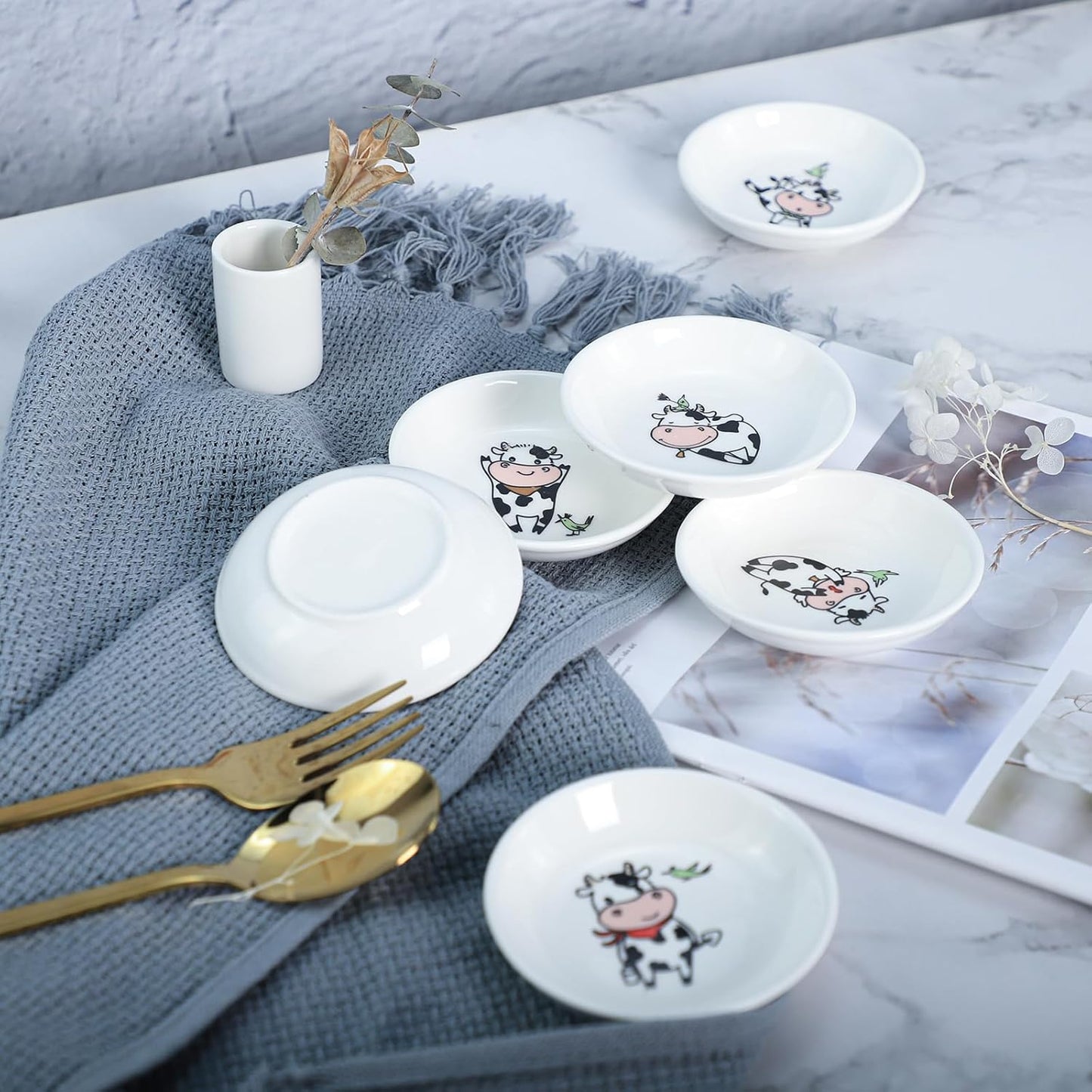 6 - Piece 3.5 - Inch Ceramic Dipping Bowls: Adorable Cow - Themed Tableware for Sauces & Snacks