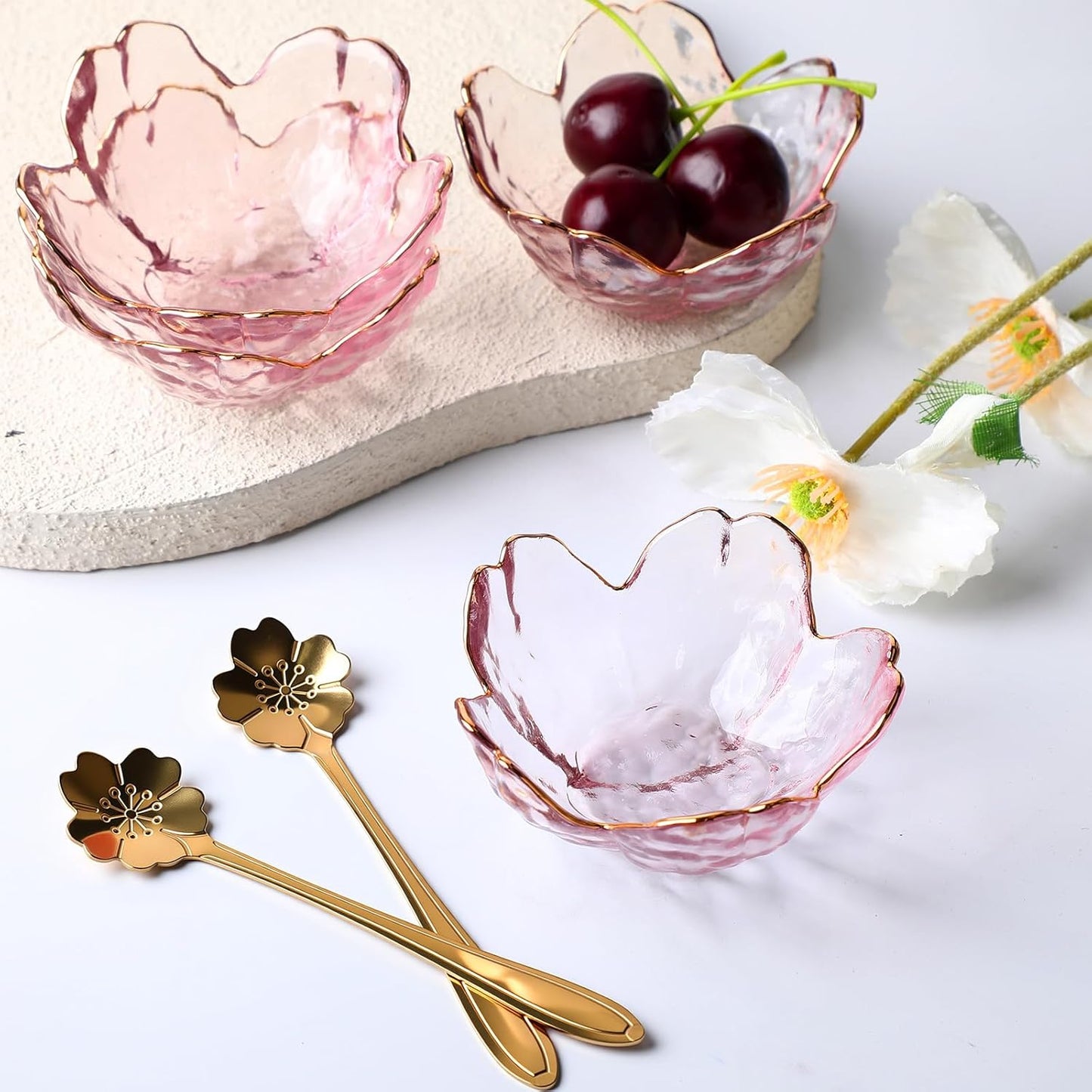 8-Piece Pink Petal Glass Bowl & Spoon Set ā Mini Dessert Bowls, Elegant Tableware for Snacks, Sauces & Ice Cream