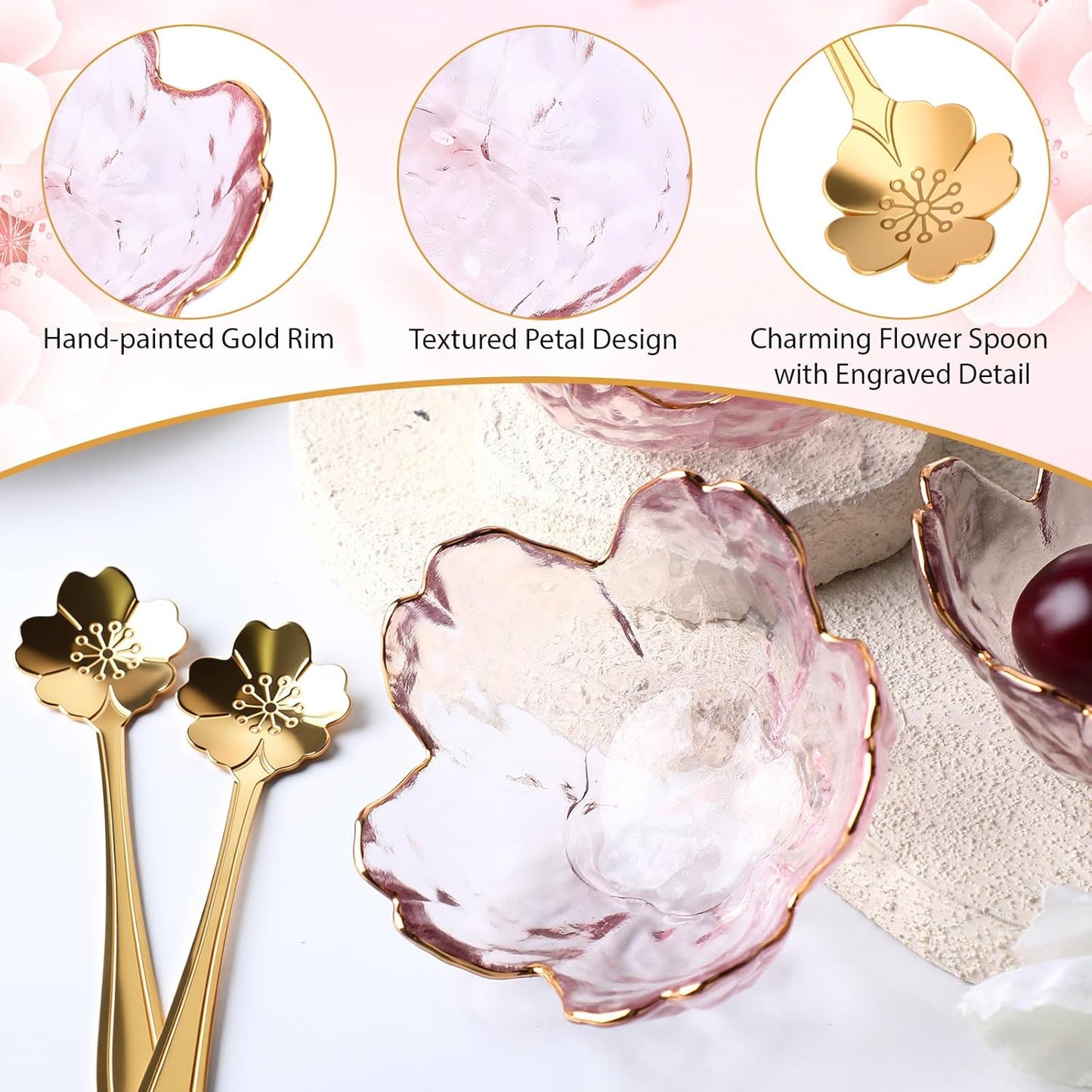 8-Piece Pink Petal Glass Bowl & Spoon Set ā Mini Dessert Bowls, Elegant Tableware for Snacks, Sauces & Ice Cream