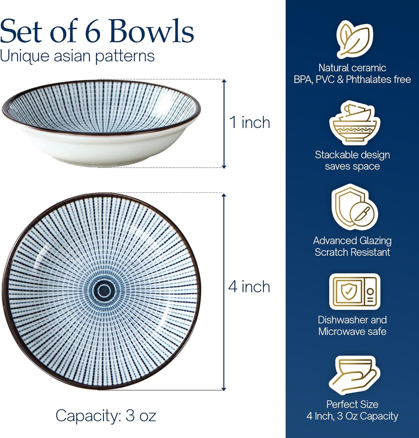 Set of 6 Ceramic Sauce Dishes ā 4 Inch Small Bowls for Dipping, Condiments, Snacks & Appetizers ā Microwave & Dishwasher Safe, Durable and Elegant