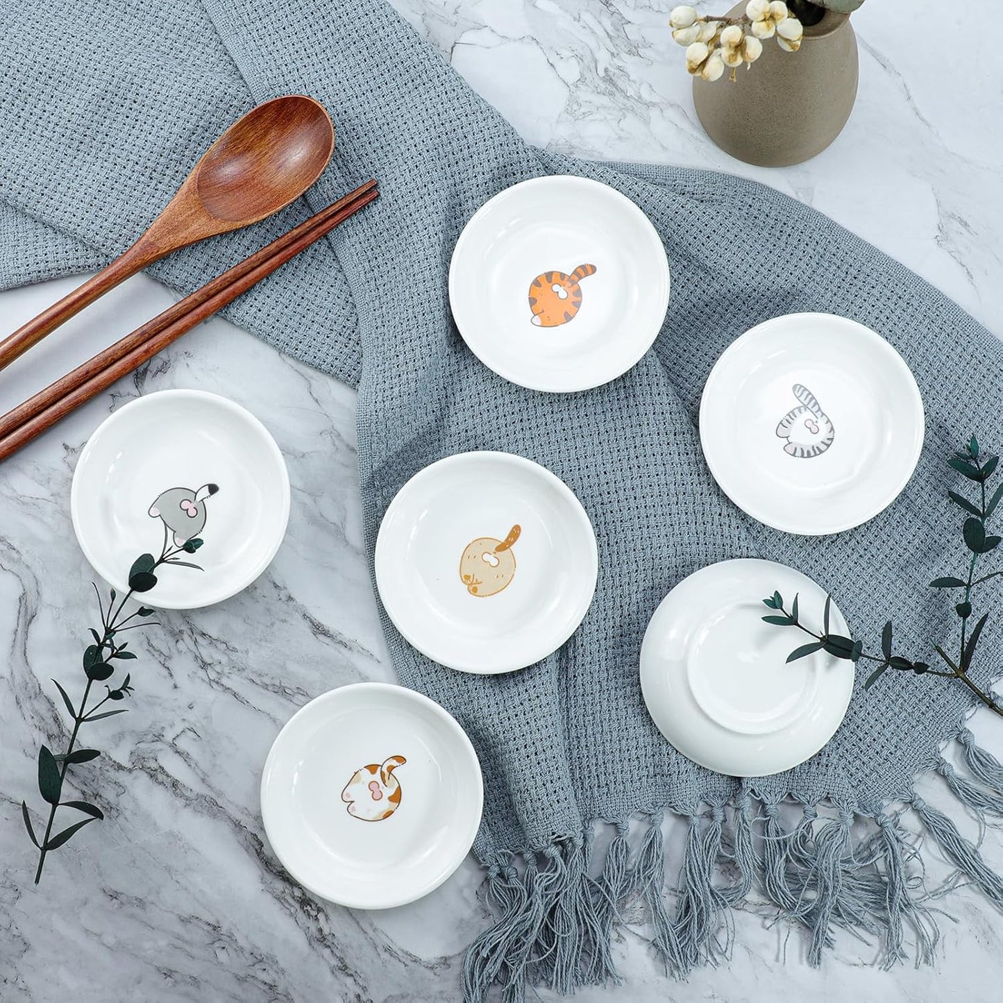 6 - Piece Set of Adorably Fun Cat - Butt Themed Ceramic Dipping Bowls