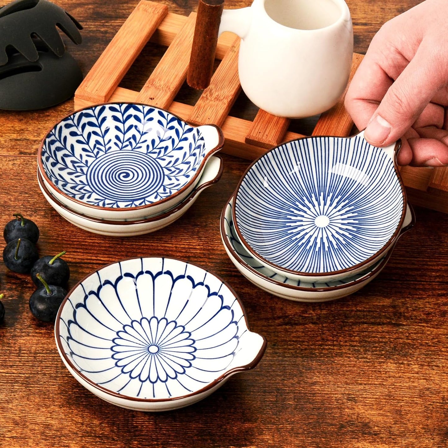 6 - Piece Set of Small Dipping Bowls: 3 - Ounce Ceramic Sauce Dishes with Handles